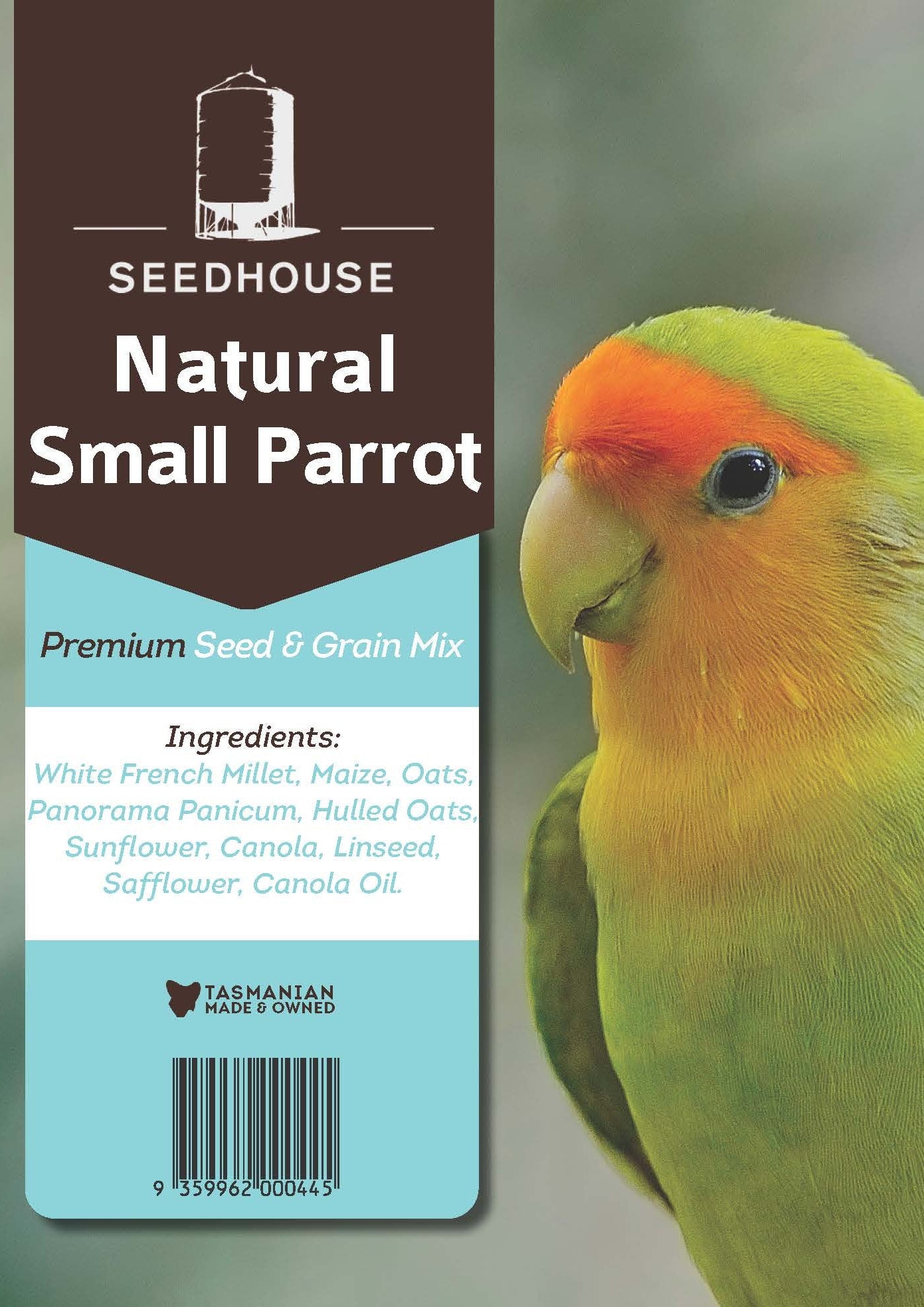 Seedhouse Natural Small Parrot seed mix packaging with a parrot on a branch